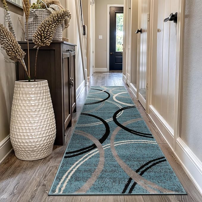 Rugshop Modern Wavy Circles Design Runner Rug, Carpet with Jute Backing for Hallway, Entryway, or Kitchen, Blue, 2'7" x 10'