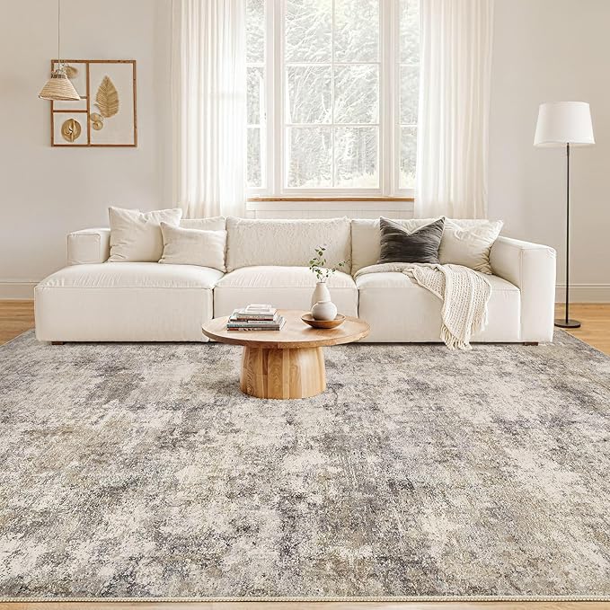 Nakagishi 10x14 Area Rugs Living Room: Washable Abstract Large Neutral Soft Rug Stain Resistant Modern Indoor Floor Non-Slip Carpet for Bedroom Nursery Playroom Office Dining Room Dorm- Brown Grey