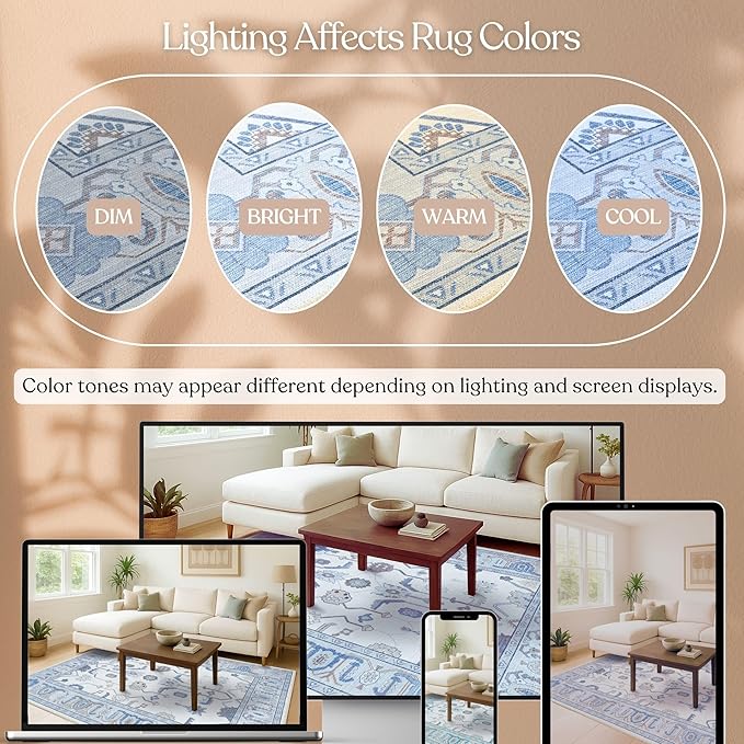 Fame Living Cream Blue Oushak Rug, Modern Rugs, Vintage, Turkish, Eclectic, Floral, Pastel, Washable, Small Throw, Accent Area Rug for Living Room, Bedroom, Kitchen, Bathroom, 2'5"x4'9