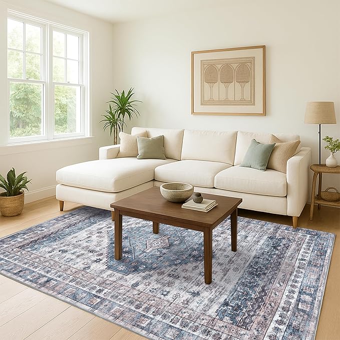 Washable Area Rug. Modern Farmhouse. Vintage. Turkish. Bohemian. Distressed. Oriental. Traditional. Rugs for Living Room. Dining. Bedroom. Office. Entryway. Foyer. (859NC, 5'9 x 8'9)