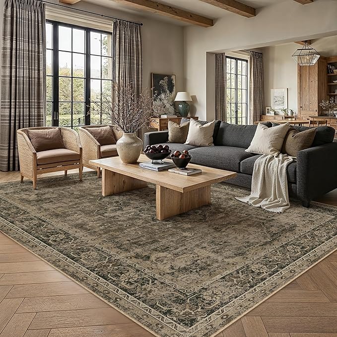 5x7 Washable Area Rug Brown Vintage Distressed Rug for Office Oriental Soft Thin Indoor Retro Carpet Non Slip Low Pile Floor Cover for Living Ding Room Bedroom Laundry Dorm