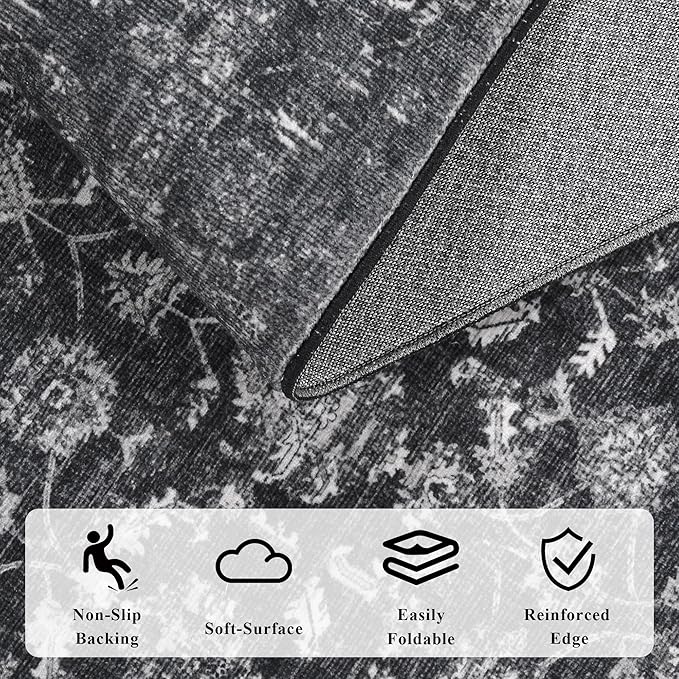Washable Area Rug 6x9 Black Rugs for Living Room, Vintage Boho Large Rug for Bedroom Dining Room Office, Distressed Floral Print Carpet for Under Table, Soft Non Slip Low Pile Throw Carpet Indoor Mat