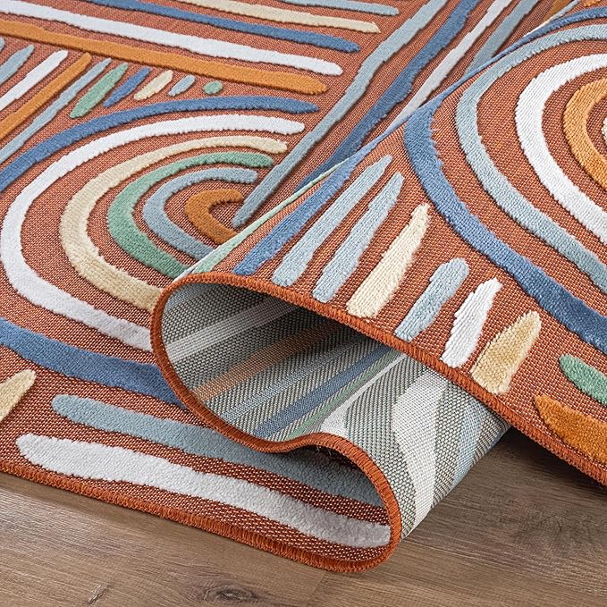 CAMILSON Indoor Outdoor Rug, Orange 8x10 Geometric Arch Striped Area Rugs for Patio and Home Areas, Easy-Cleaning Non-Shedding Living Room, Garden and Deck Washable Outside Carpet (8 x 10)