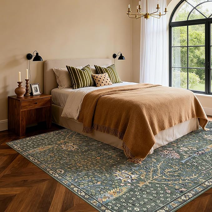 Kokia Boho Vintage Floral Area Rugs, Washable Oriental Botanical Rugs for Living Room, Bedroom, Dining Room, Office, Soft Indoor Area Rug, Sage Green，6x9