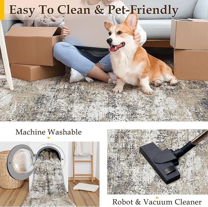 2x8 Abstract Runner Rug Brown Washable Modern Hallway Carpet Non Slip Ultra Soft Neutral Low Pile Contemporary Long Rug for Bathroom Laundry Kitchen Bedroom