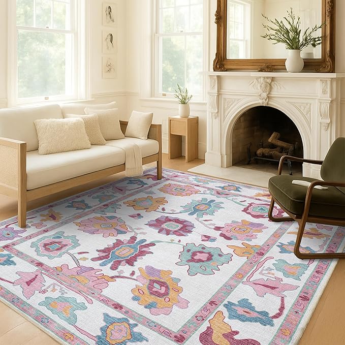 Fame Living Pink Oushak Runner Rug, Modern Runners, Vintage, Turkish, Eclectic, Floral, Pastel, Washable, Runner for Hallway, Kitchen, Bedroom, Bathroom, 2'5"x9'8"