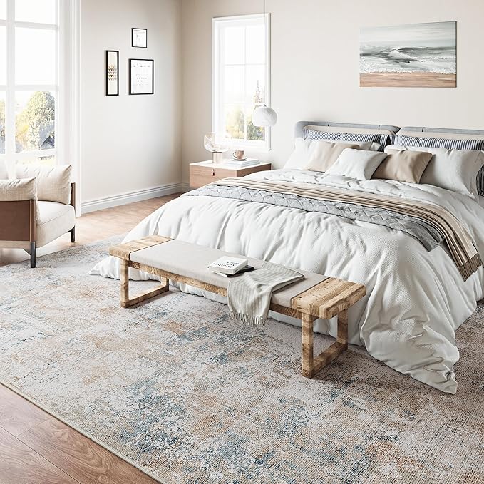 6x9 Washable Area Rug Beige Blue Abstract Living Room Bedroom Throw Rug Neutral Modern Non Slip Soft Low Pile Indoor Carpet for Dining Room Kitchen Office