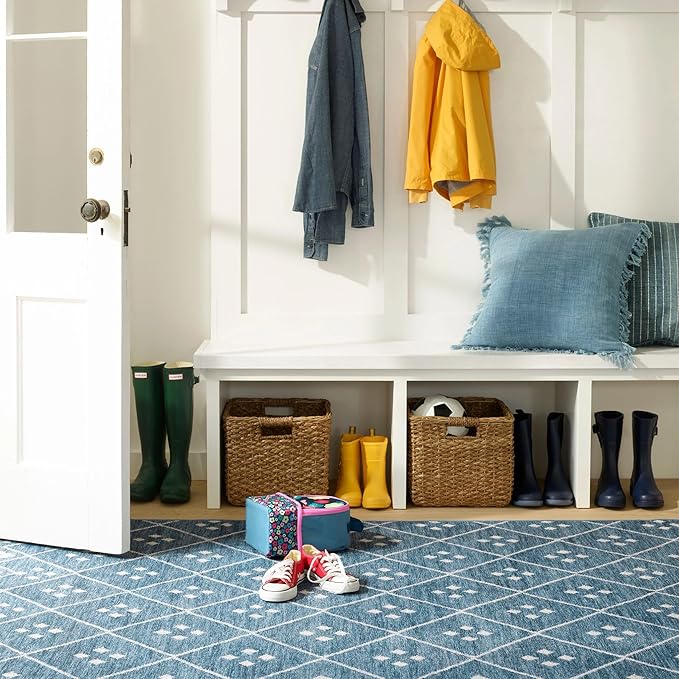 Dash and Albert Kota Machine Washable Area Rug - 2' x 3' Indigo - Diamond Accent Rug - Anti-Slip Backing, Lightweight, Machine Washable, High Traffic Areas Kitchen, Mudroom, Laundry Room