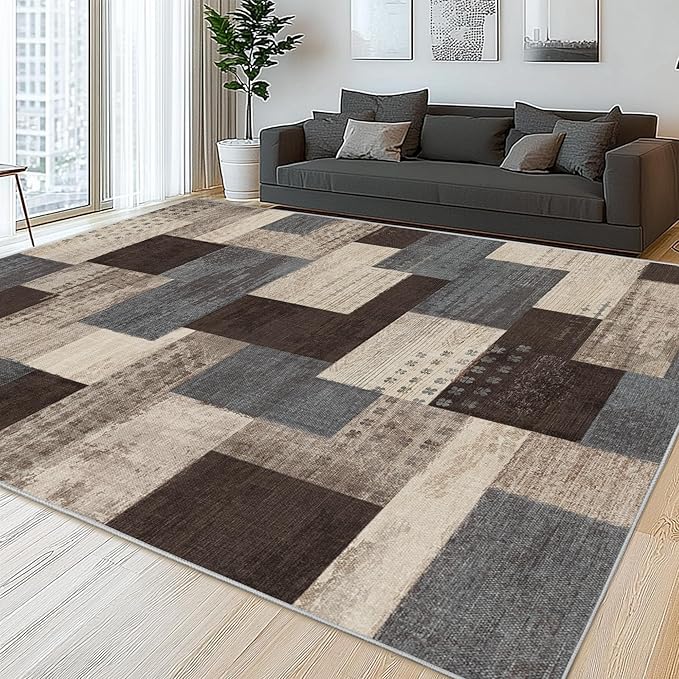 Modern Geometric Patchwork Indoor Area Rug for Living Room, Blue-Taupe 4'x 6' Large Rug Rockwood Collection Hardwood Floors Decor for Bedroom, Blue Throw Carpet for Office Entryway Dining Room
