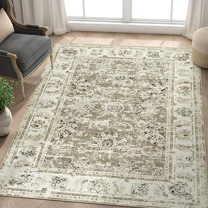 jinchan Fiora Washable Area Rug 4x6 Ultra-Thin Low Pile Non Slip Stain Resistant Soft Faux Wool Floral Rug Distressed Boho Vintage Carpet for Bedroom, Living Room, Kitchen, Nursery(Taupe, 4' x 6')