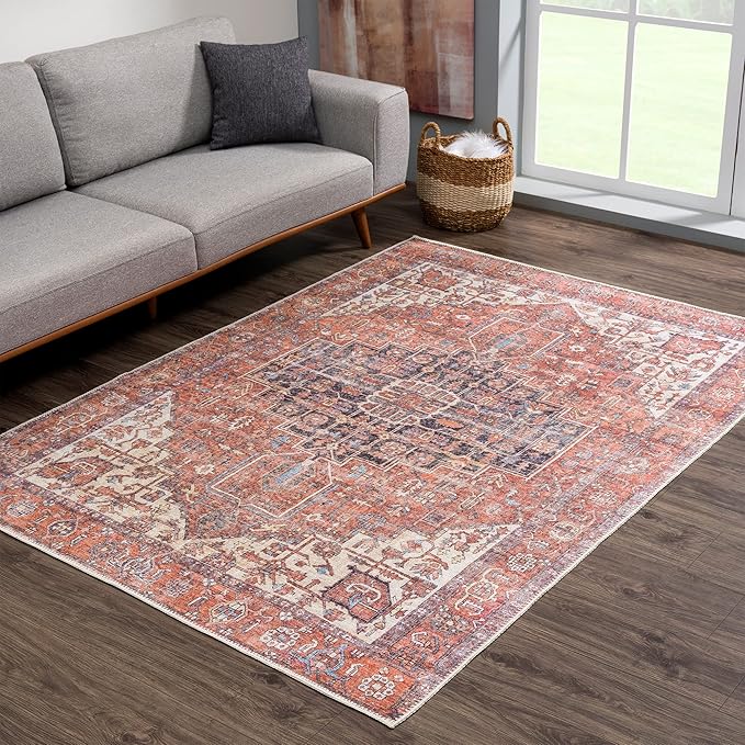 Bloom Rugs Washable 6' x 9' Rug - Red/Orange/Beige Traditional Area Rug for Living Room, Bedroom, Dining Room, and Kitchen - Exact Size: 6' x 9'