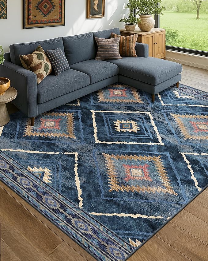 Area Rug 8x10 Rug Machine Washable Non-Slip Low Pile Print Pattern Western Rug for Living Room Bedroom Entryway Tribal Series -Darkblue