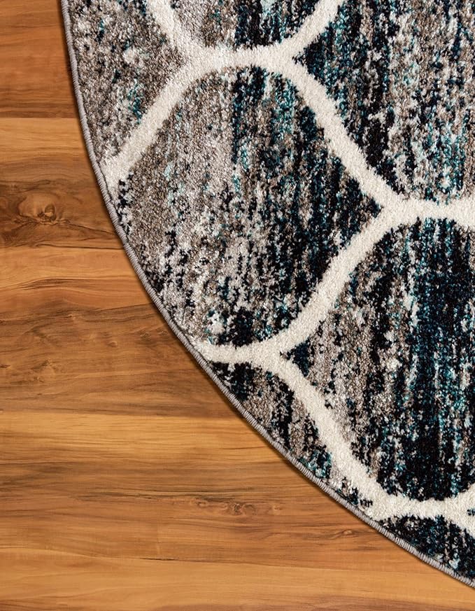 Rugs.com Lattice Frieze Collection Rug – 4' Round Blue Multi Medium Rug Perfect for Kitchens, Dining Rooms