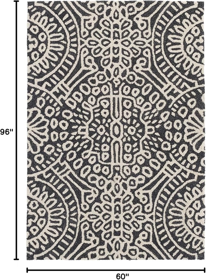 Dash & Albert Temple Charcoal Hand Micro Hooked Wool Rug, 5 X 8 Feet, Grey Geometric Pattern