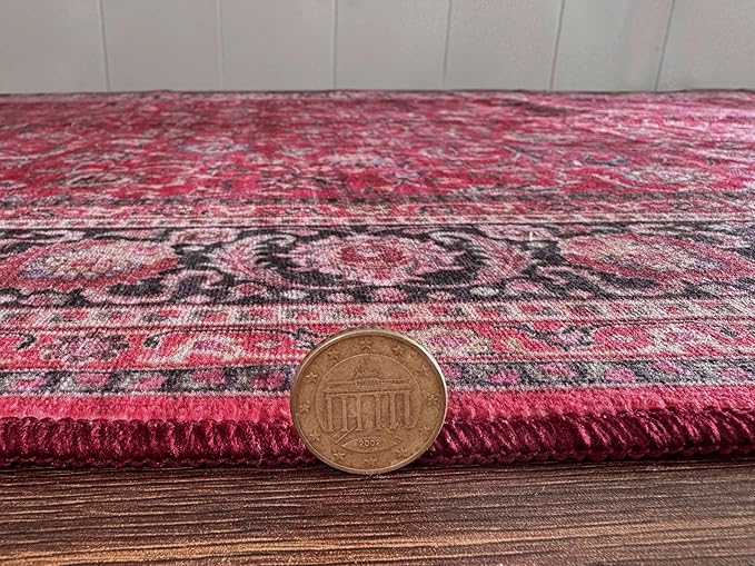 GLN Rugs Traditional Collection - Machine Washable Area Rug, Traditional Washable, Non Slip, Low Pile Chenille Rug, Living Room, Bedroom, Kitchen Rug (5' x 7' Dark Red)