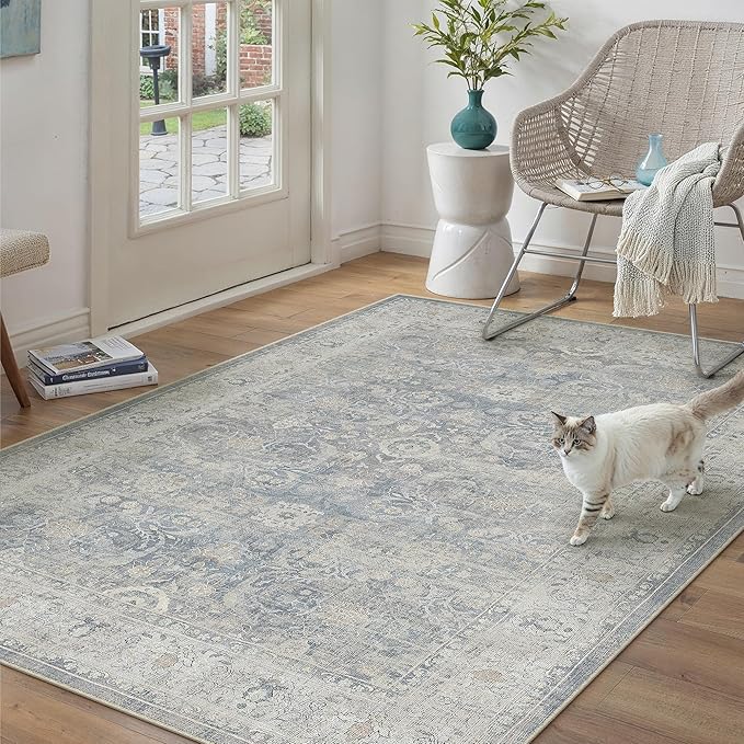 6x9 Blue Washable Area Rug for Living Room Bedroom Neutral Soft Non Slip Rug Low Pile Vintage Distressed Carpet for Dining Room Nursery Office Indoor