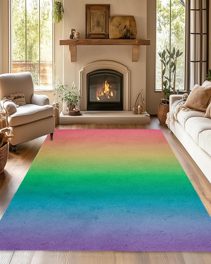 Rainbow Washable 5x7 Area Rugs for Living Room, Thin Low Pile Contemporary Carpet, Non-Slip Base Lightweight Rug