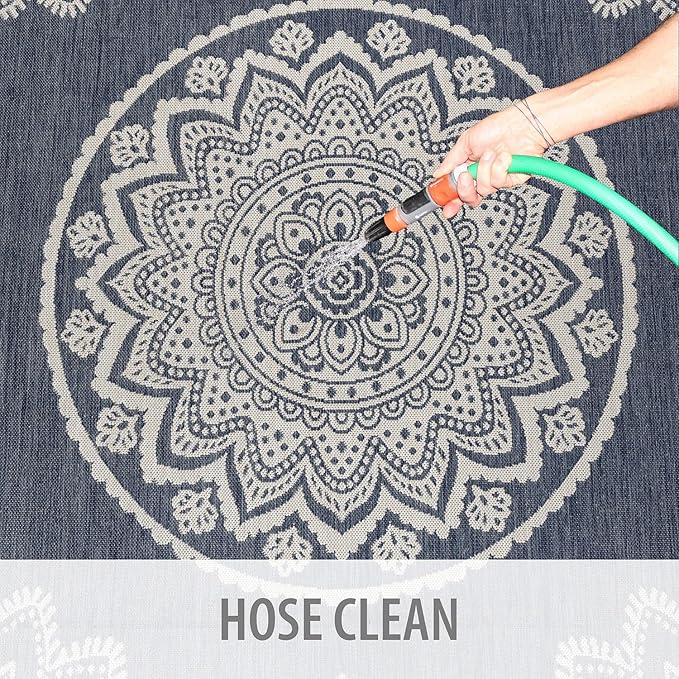 CAMILSON Outdoor Rug 9x12 Modern Area Rugs for Large Indoor and Outdoor Patios and Porches - Waterproof Washable Non-Shedding, Easy-to-Clean Outside Carpet (9 x 12, Medallion - Blue/White)