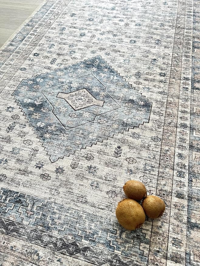 Fame Living Faded Oushak Rug, Turkish Vintage Floral Pastel Large Oversized Area Rugs for Living Room Dining Bedroom Kitchen Bathroom Nursery (848CrNv, 2' x 3')