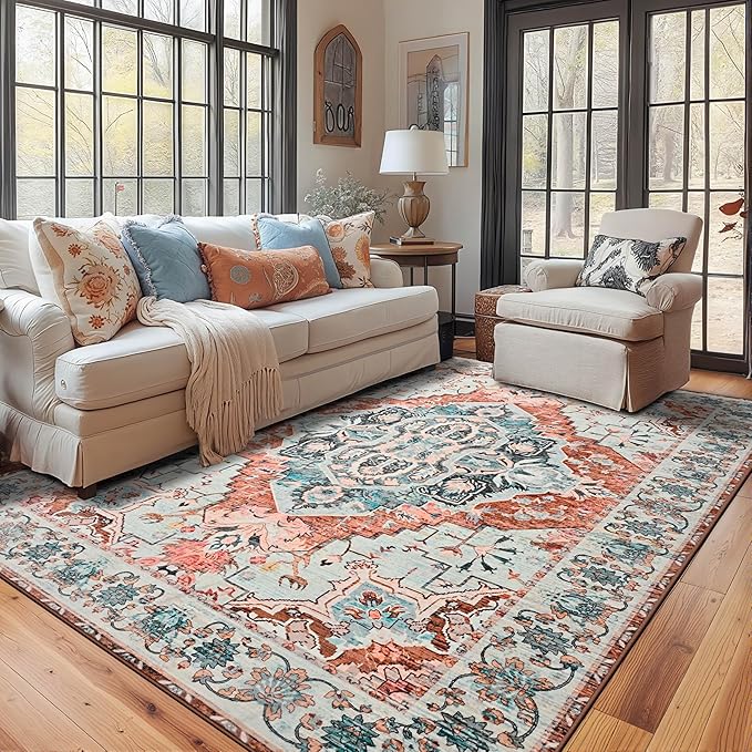 YJ.GWL Area Rugs for Living Room 5x7 Machine Washable Rugs, Non Slip Floral Vintage Rug Indoor Carpet, Stain Resistant Large Rug for Bedroom Dining Room, Copper Tan