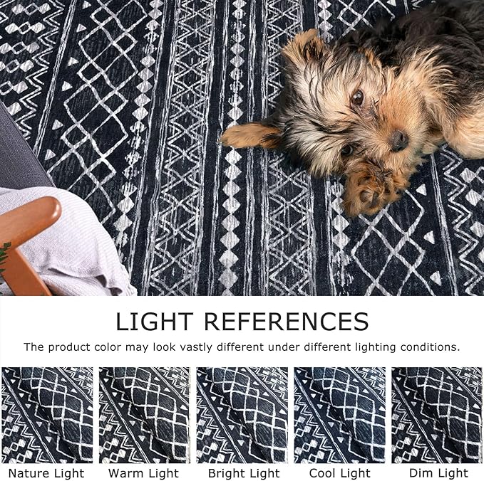 KUTA Boho Moroccan 3x5 Entryway Rug, Black Non-Slip Washable Low-Pile Living Room Area Rug, Ultra Soft Distressed Geometric Print Throw Carpet for Entrance, Bedroom, Nursery, Dorm, Kitchen