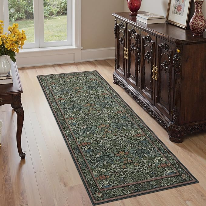 Bavni Boho Floral Kitchen Runner Rug 2x6, Washable Non Slip Thin Carpet for Hallway Bathroom Laundry Room, Ultra Soft Botanical Runner for Entryway, Modern Indoor Floor Decor, Dark Green