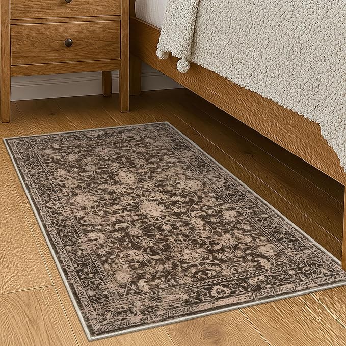 KILOCOCO Small Area Rug 2x3 Entryway Rugs Washable Rug Printed Vintage Floral Non-Slip Kitchen Rug Indoor Door Mat, Accent Throw Small Rugs for Laundry Room Bedroom Entrance, Rust Brown Red