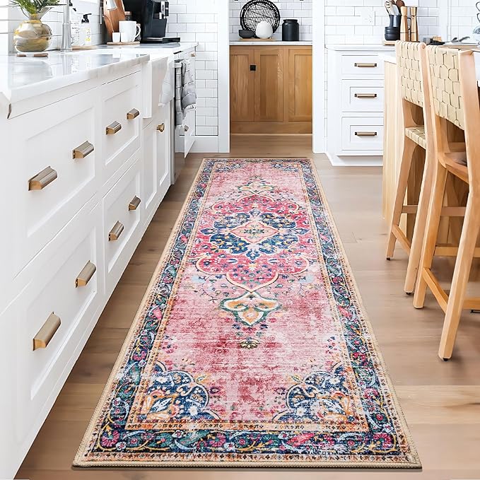 2x8 Runner Rug Pink Boho Area Rug for Hallway Entryway Kitchen Laundry Room Bathroom Bedroom Non Slip Blush Vintage Rug Indoor Lightweight Carpet