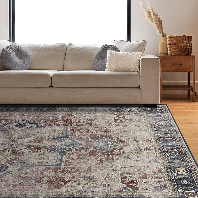 RUGGABLE Washable Area Rug – Kamran Royal Blue 10x14, Stain-Resistant, Non-Slip – Large Machine Washable Rugs for Living Room, Bedroom, Hallway, Entryway & Office–with Standard Pad