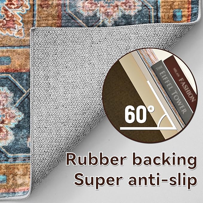 YJ.GWL Area Rugs for Living Room 5x7 Machine Washable Rugs, Non Slip Floral Vintage Rug Indoor Carpet, Stain Resistant Large Rug for Bedroom Dining Room, Brown Blue