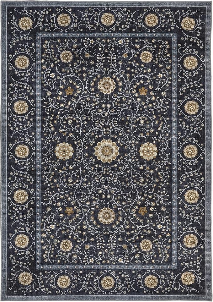 GarveeHome Boho 8x10 Area Rugs for Living Room, Floral Vintage Rugs for Bedroom with Soft Low Pile, Non Slip Stain Resistant Washable Rug 8x10 for Dining Room Blue Large Carpet for Office Playroom