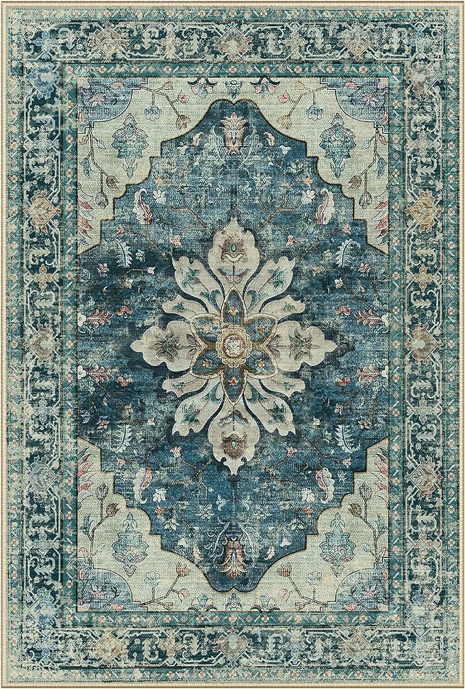 Area Rugs 2'x9' Washable Non-Slip, Floral Vintage Distress Print Pattern Medallion Carpet for Living Room Bedroom Dining Room, Dark Blue Vintage