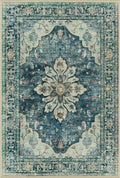 Area Rugs Square 7ft Washable Non-Slip, Floral Vintage Distress Print Pattern Medallion Carpet for Living Room Bedroom Dining Room, Dark Blue Vintage