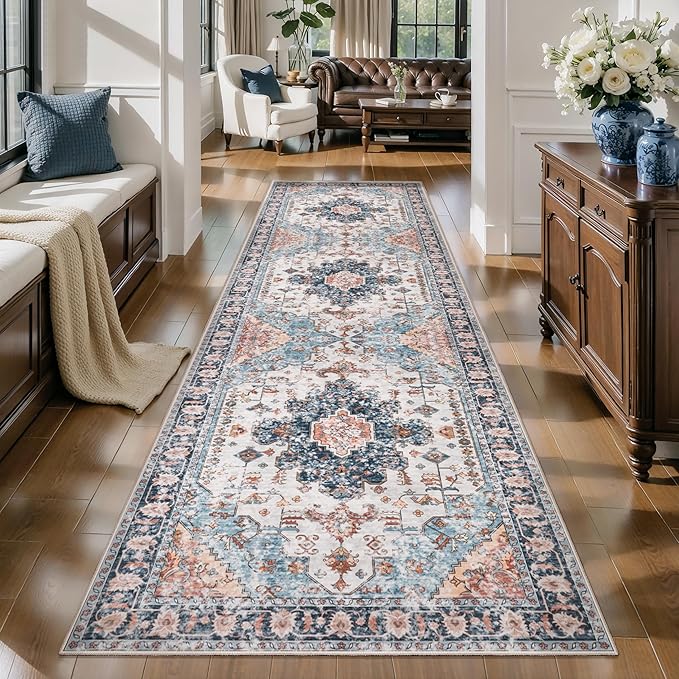 Tangsoo 3x8 Runner Rug for Hallway Long Washable Hallway Runner Rugs, Non Slip Vintage Soft Low Pile Rug Runner, Indoor Oriental 8ft Carpet Runners for Kitchen Bedroom Entryway Living Room Blue/Orange