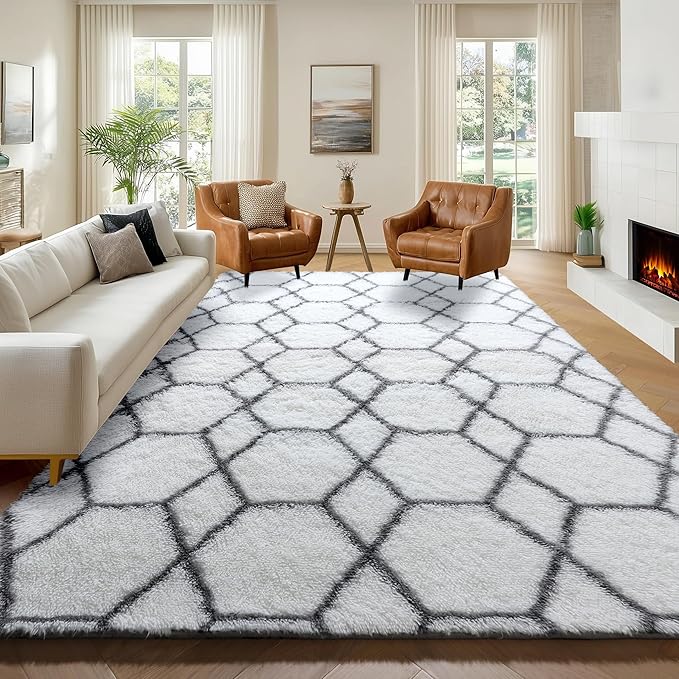 ONASAR 6x9 Area Rugs for Living Room Bedroom, Washable Large Fluffy White and Grey Throw Rug, Geometric Soft Plush Shaggy Floor Carpet for Nursery Kids Girls Boys Teen Dorm Home Decor Aesthetic