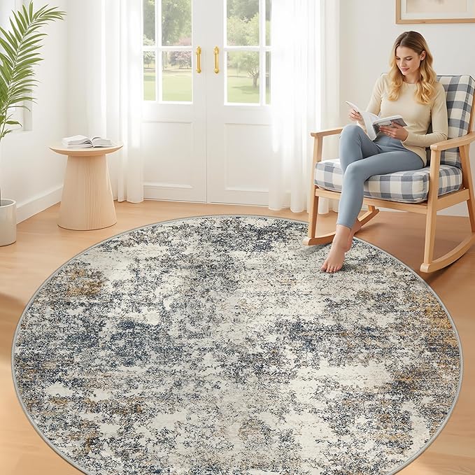 6ft Washable Round Rug - 6x6 Area Rugs Modern Abstract Rugs for Living Room Non-Slip Low Pile Soft Machine Washable Carpet for Bedroom, Living Room, Dining Room, Nursery, Farmhouse (6'x6' Tan Blue)
