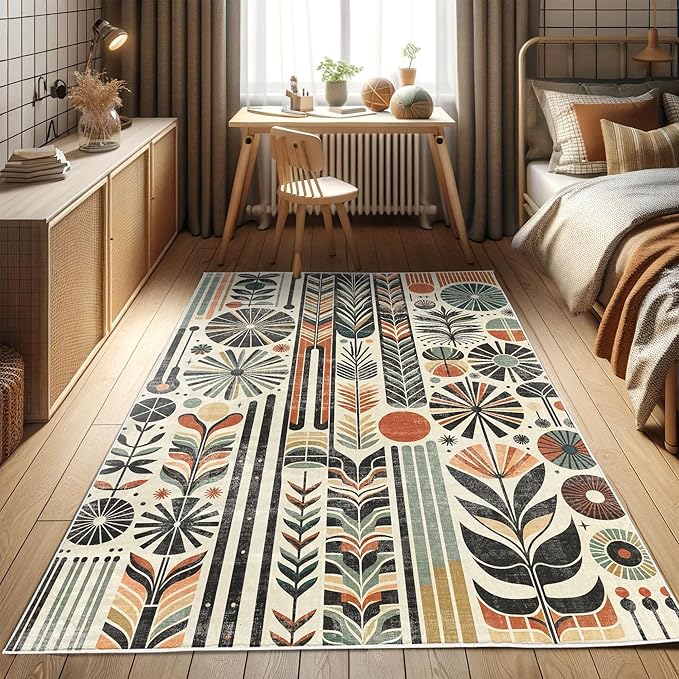Ambesonne Bohemian Decorative Rug, Retro Mid Century Inspired Abstract Patterns on Ivory Background, Quality Carpet for Bedroom Dorm and Living Room, 2' x 5', Dark Orange and Reseda Green