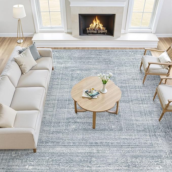 10x14 Area Rugs Living Room: Washable Large Vintage Blue Rug Neutral Non-Slip Soft Stain Resistant Indoor Carpet for Bedroom Nursery Dining Room Under Table Bed Home House Office Playroom