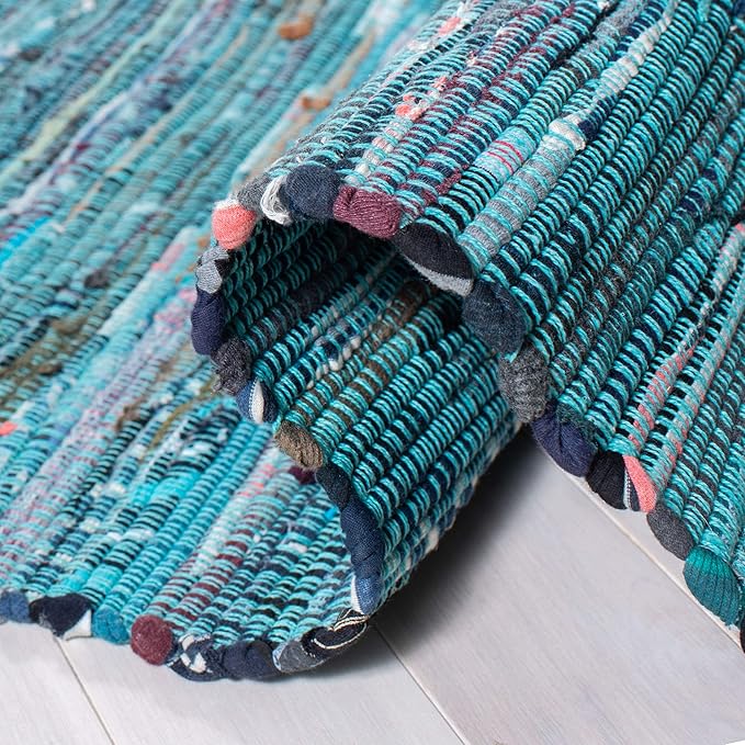 SAFAVIEH Rag Rug Collection Runner Rug - 2'3" x 7', Blue & Multi, Handmade Boho Stripe Cotton, Ideal for High Traffic Areas in Living Room, Bedroom (RAR121B)