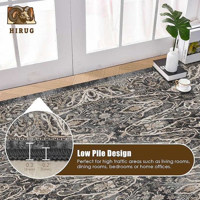 Washable Area Rug 3' x 5 ' Vintage Traditional Persian Mat - Foldable Distressed Non-Slip Machine Washable Carpet for Living Room Bedroom Kitchen Home Decor - Ebony and Taupe