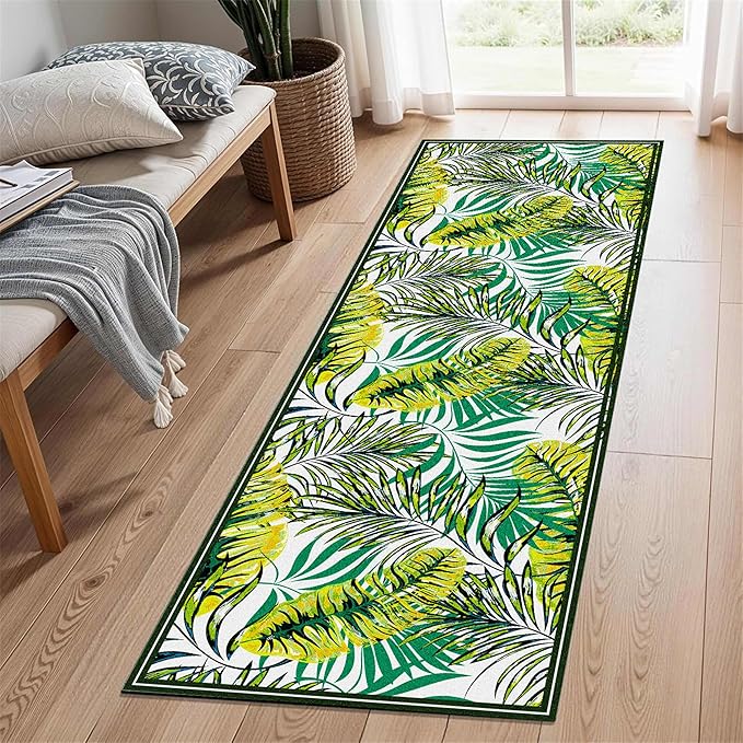 Green Botanical Tropical Leaves Rug 2x10ft - Non-Slip Washable Runner, Soft Durable Floor Mat for Hallway, Kitchen, Bedside, Entryway Home Decor