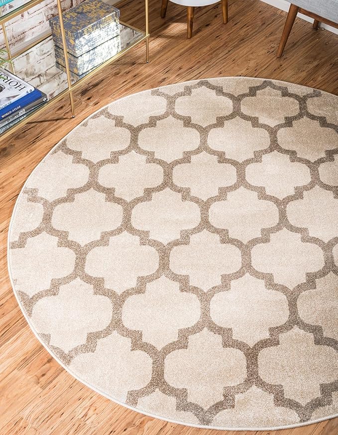 Rugs.com Lattice Collection Rug – 8 Ft Round Beige Medium Rug Perfect for Kitchens, Dining Rooms