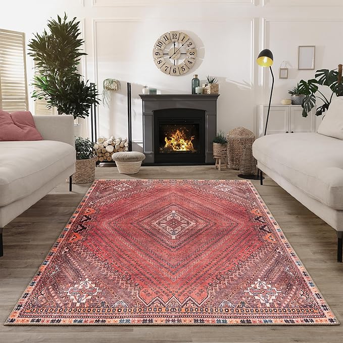 Bloom Rugs Washable Non-Slip 8' x 10' Rug - Red/Multicolor Traditional Bordered Area Rug for Living Room, Bedroom, Dining Room, and Kitchen - Exact Size: 8' x 10'