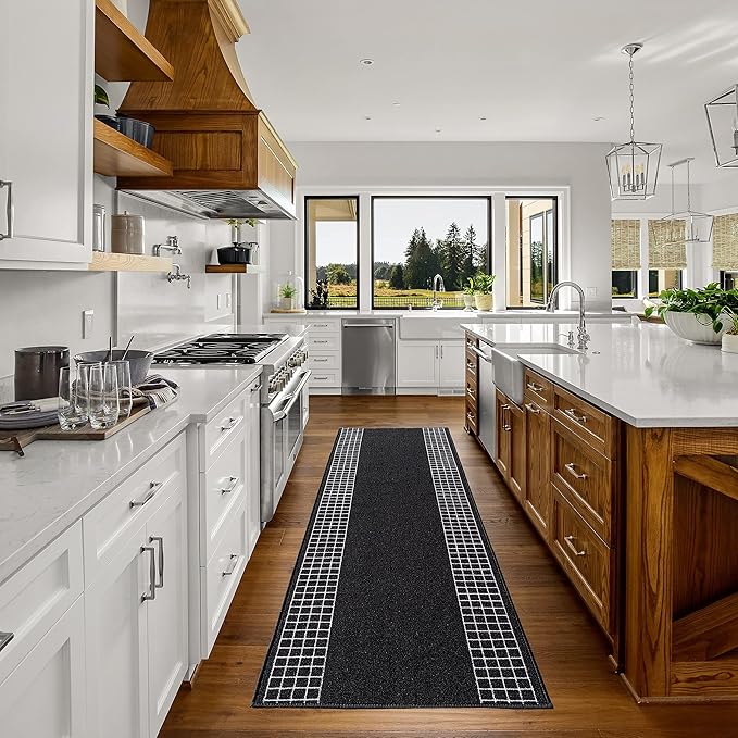 Custom Made Runner Rug for Kitchen Foyer Hallway Entry Choose Your Length 26 Inch Wide Geometric Checkered Design Black Color (24 feet x 26 inch)