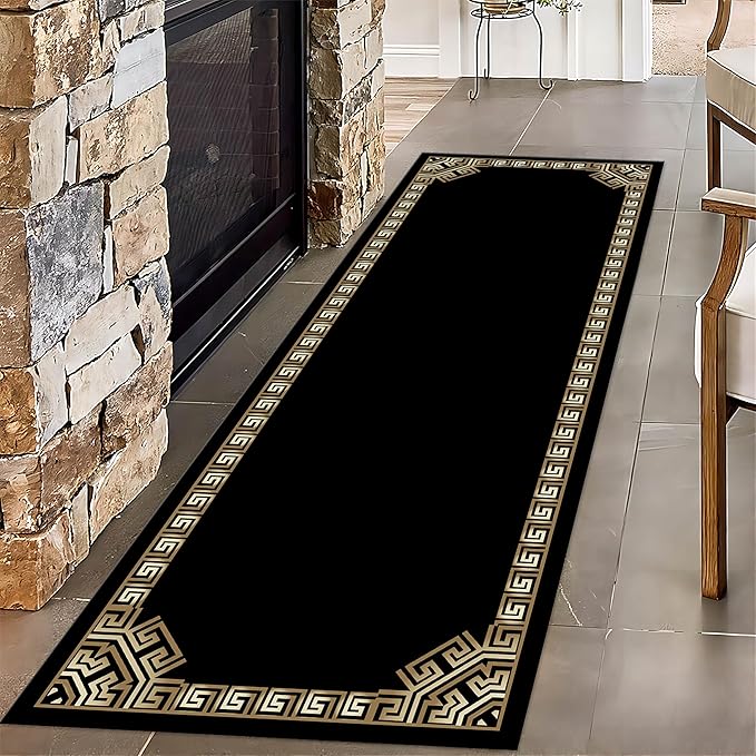 Greek Key Runner Rug for Entryway, 1.3x7ft, Black Gold Geometric Border Area Rugs for Bedroom, Meander Pattern Fade Resistant Home Decor Carpet, Soft Reduce Noise Entry Mat for Kitchen