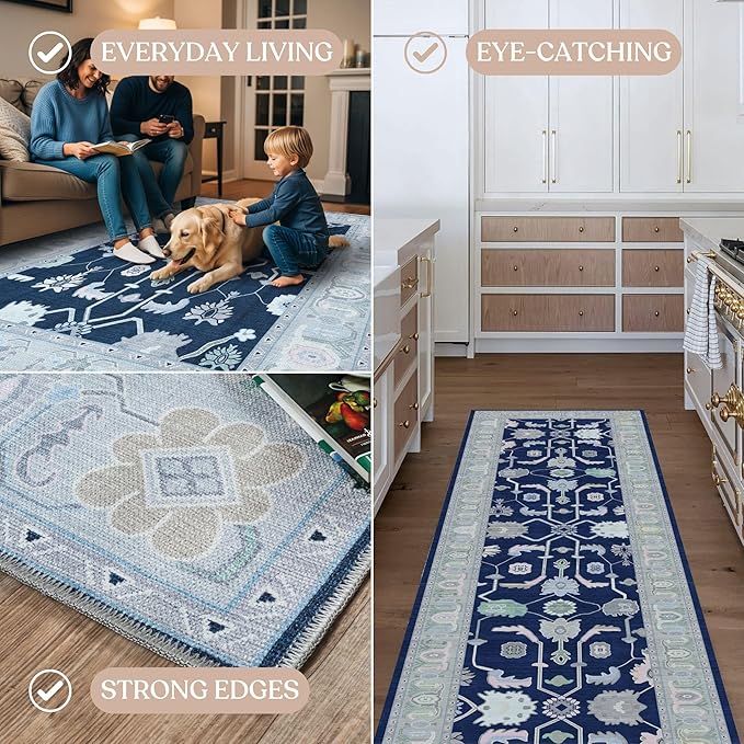 Fame Living Navy Blue Oushak Rug, Modern Rugs, Vintage, Turkish, Eclectic, Floral, Pastel, Washable, Small Throw, Accent Area Rug for Living Room, Bedroom, Kitchen, Bathroom, 2'5"x4'9