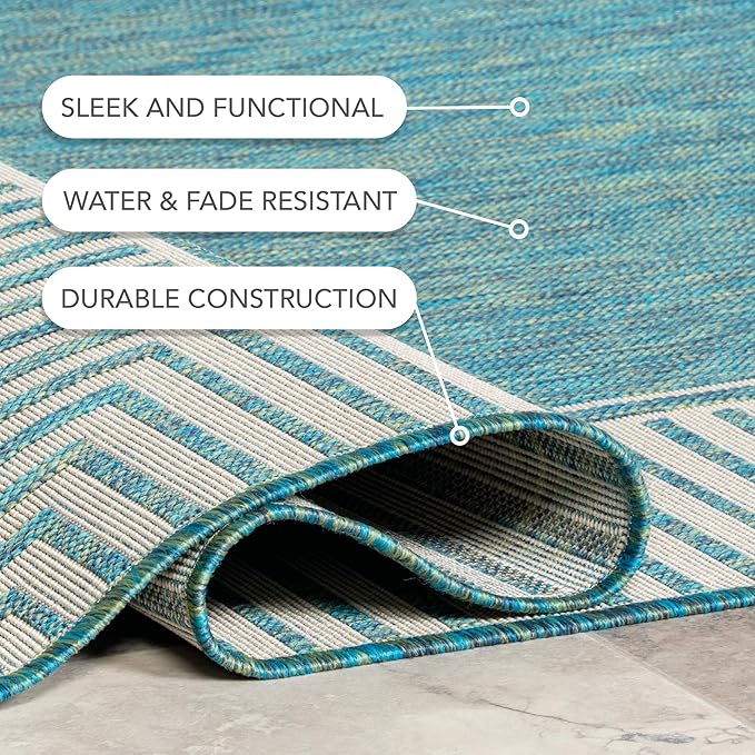 Nuloom Asha Teal/Ivory, 4' x 6', Casual, Striped Border, Soft and Cozy, High Traffic, Stain Resistant, Easy Clean, Durable Area Rug for Indoor/Outdoor Patio, Deck, Porch, Garden, Courtyard