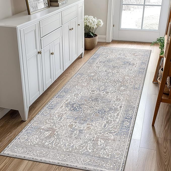GENIMO 2'6"x6 Runner Rugs for Hallway, Machine Washable Non Slip Vintage Retro Rugs, Low Pile Lightweight Thin Print Rug for enrtyway, Corridor, Home Office, Kitchen, Khaki Blue