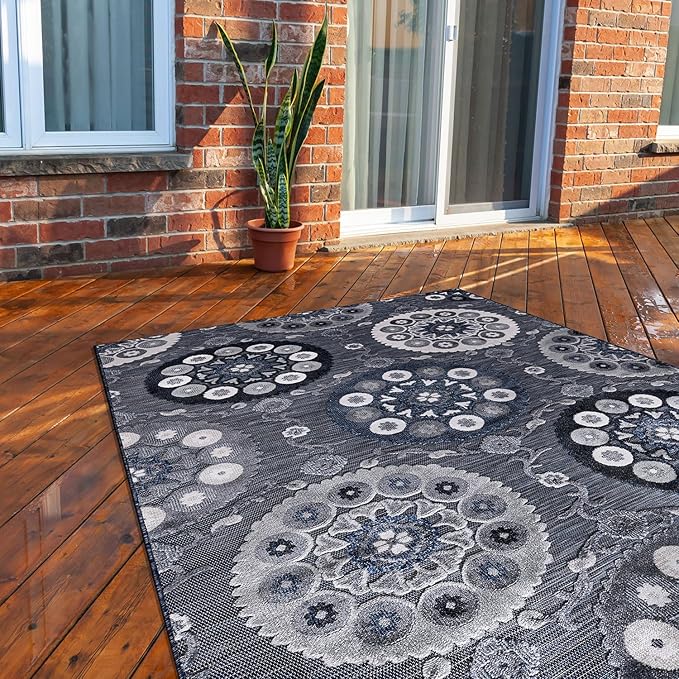 CAMILSON Indoor Outdoor Rug 10x14 Bohemian Medallion Floral Area Rugs for Indoor and Outdoor Patios Easy-Cleaning Non-Shedding Living Room Garden and Kitchen Washable Outside Carpet (10 x 14 / Navy)