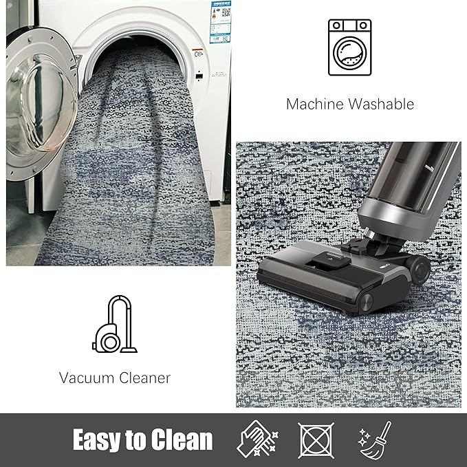 RUGSURE Washable Area Rug - 1/6 Thick - Stain & Water Resistant Non-Slip - Resistant Rug for Living Room, Bedroom, Nursery, Pet & Child Friendly, Vintage Charm Area Rugs (Grey+LightTeal, 4' x 6')